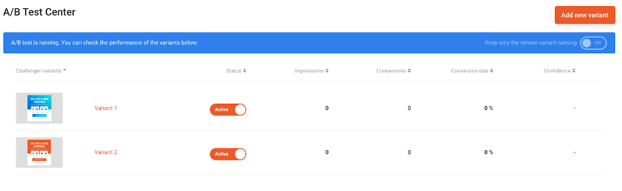 OptiMonk’s A/B testing screen