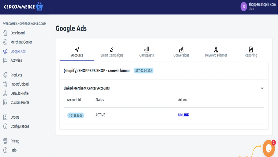 CedCommerce's Google Ads user interface.