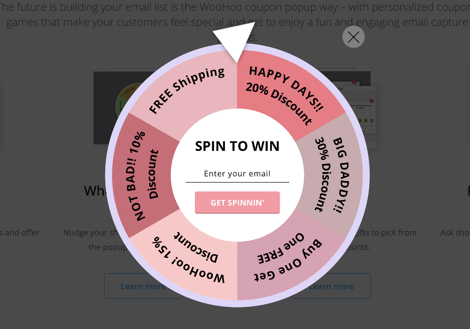 WooHoo pop-up app's Wheel of Coupon popup