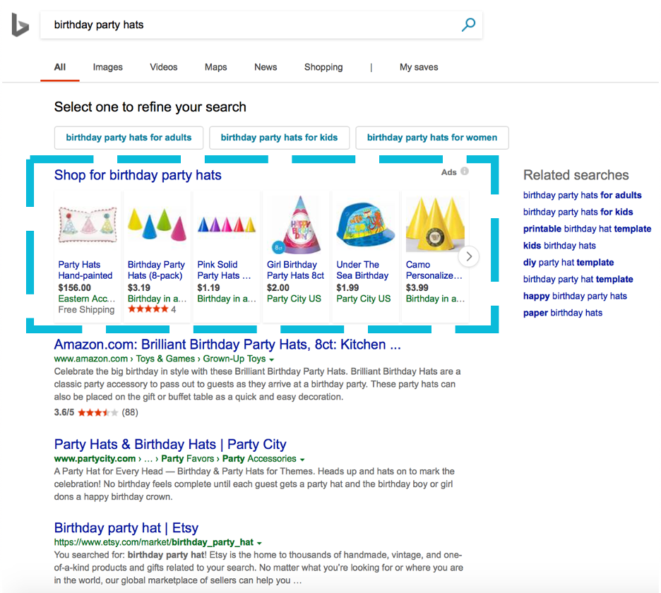 Bing search example displaying ads