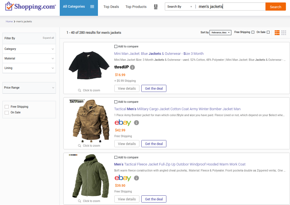 Previous eBay commerce network, Shopping.com’s results page