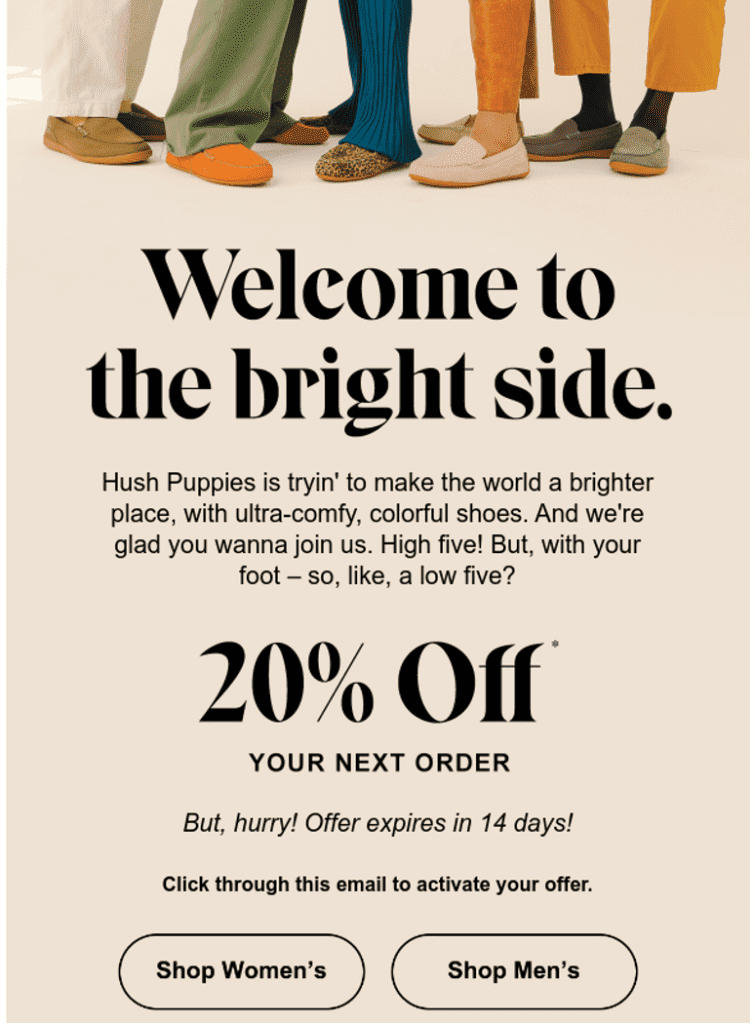 A great example of welcome email design from Hush Puppies