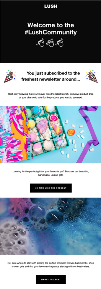 Welcome email example from Lush