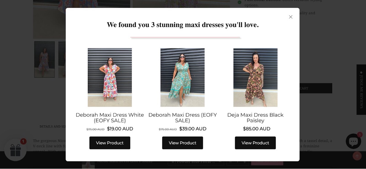 Millie n Me product recommendation popup