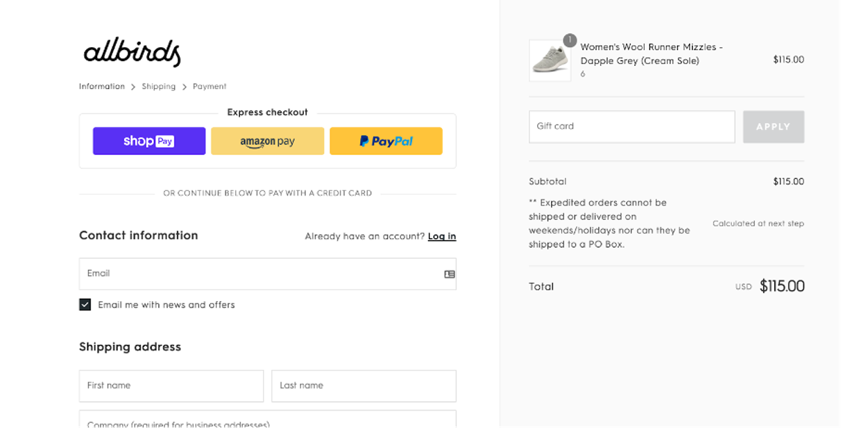 Allbirds checkout process