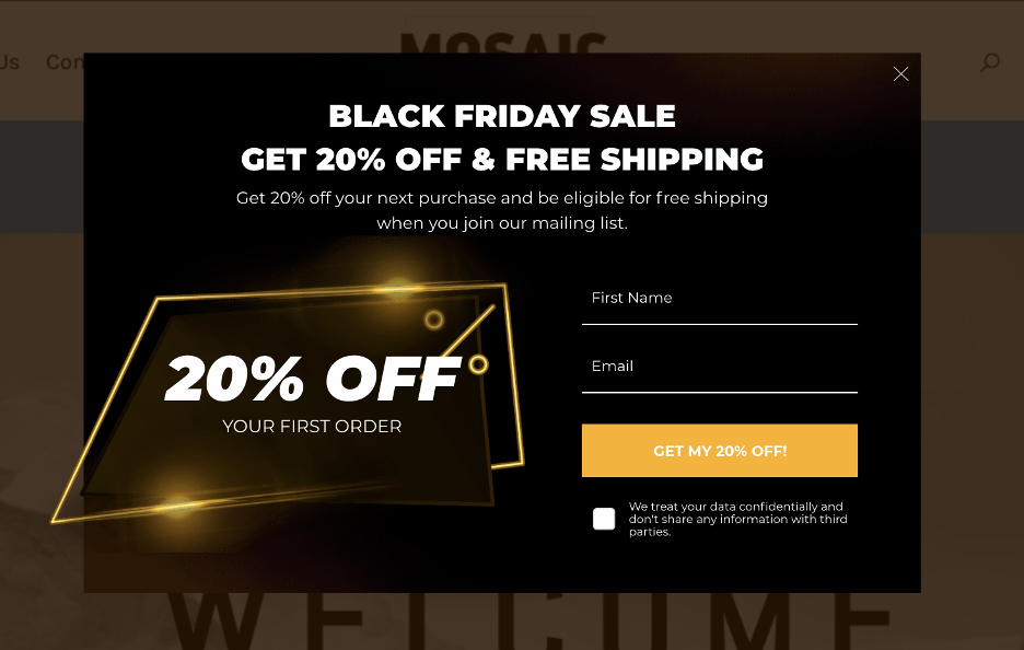 Mosaicfineartcollective.com’s Black Friday email popup