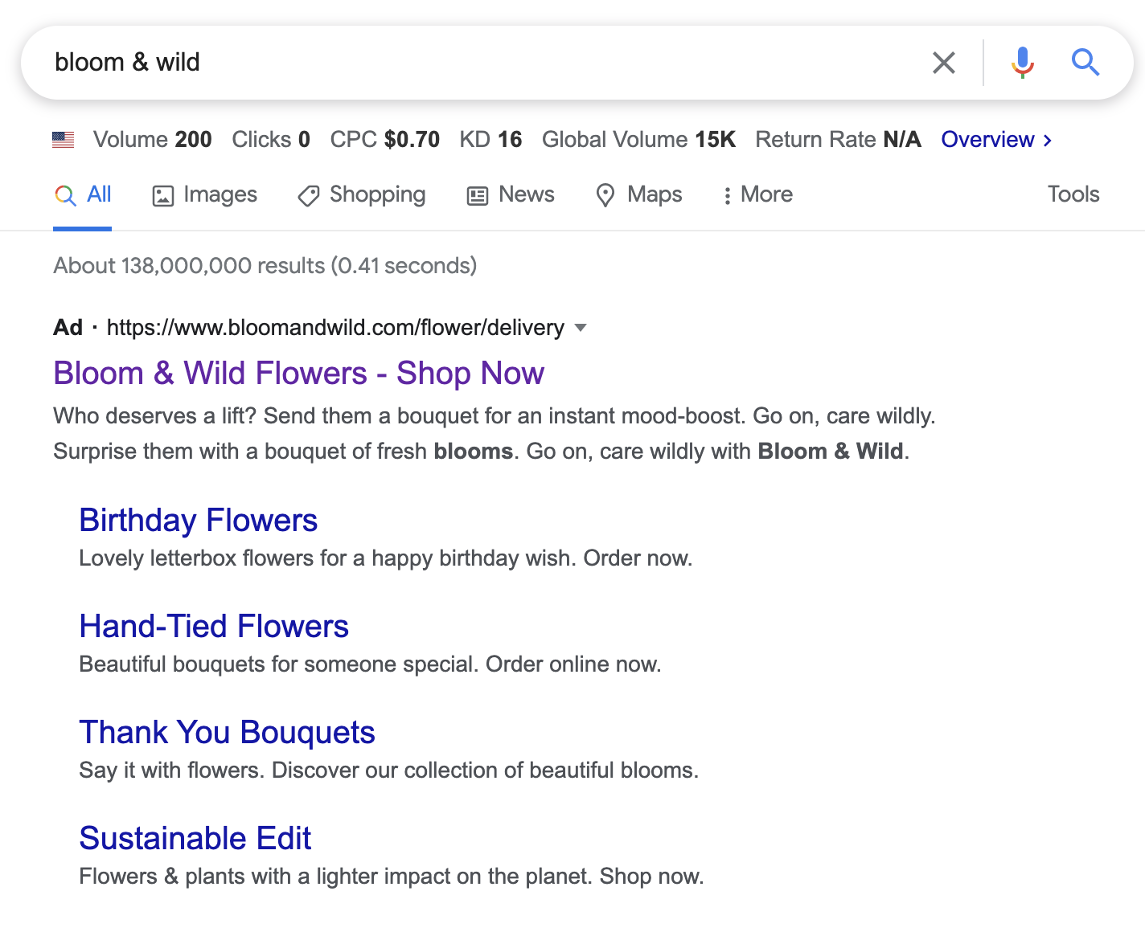 Bloom & Wild’s search ads