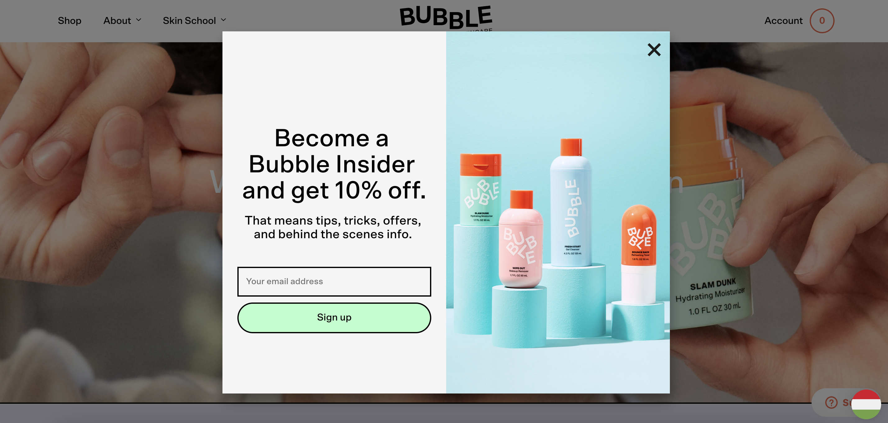 Bubble Skincare website pop-up example