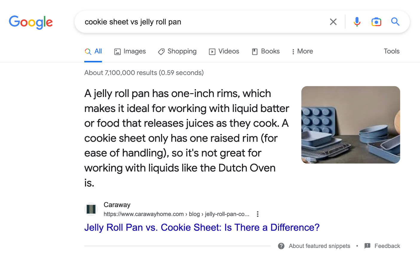 Google search result for “cookie sheet vs jelly roll pan”