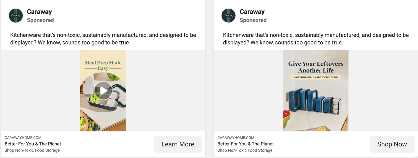 Caraway Facebook ad A/B testing