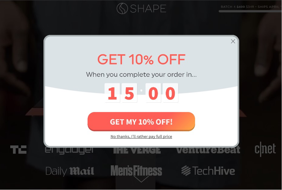 Shapescale.com cart abandonment popup example