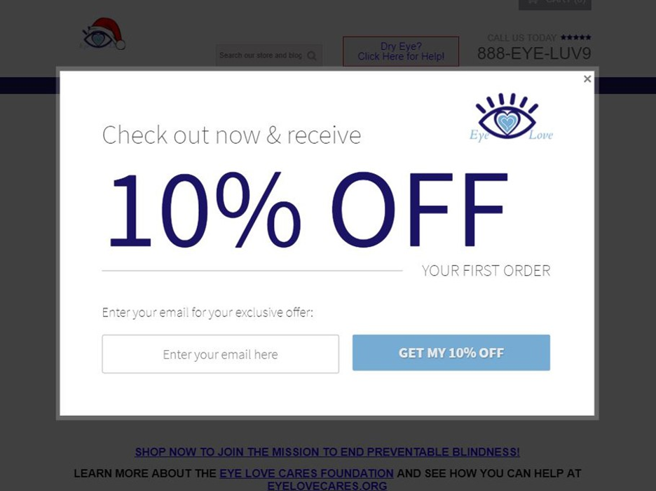 Eyelovethesun.com cart abandonment popup example