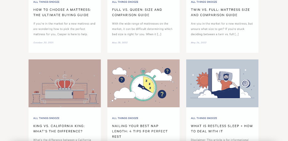 The Casper blog includes articles about mattress sizes, restless sleep, and more