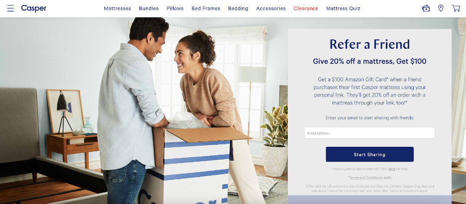 Casper's referral marketing on their site