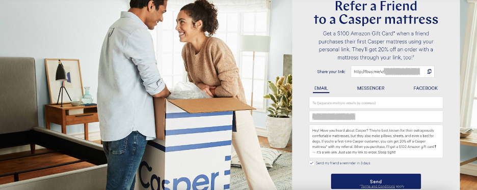 Casper's referral marketing on their site