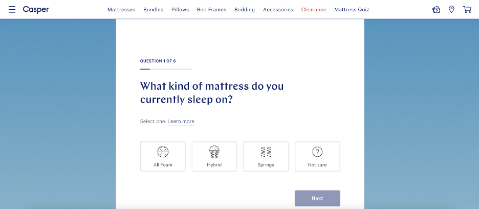 The Casper mattress quiz collects data about customers' preferences