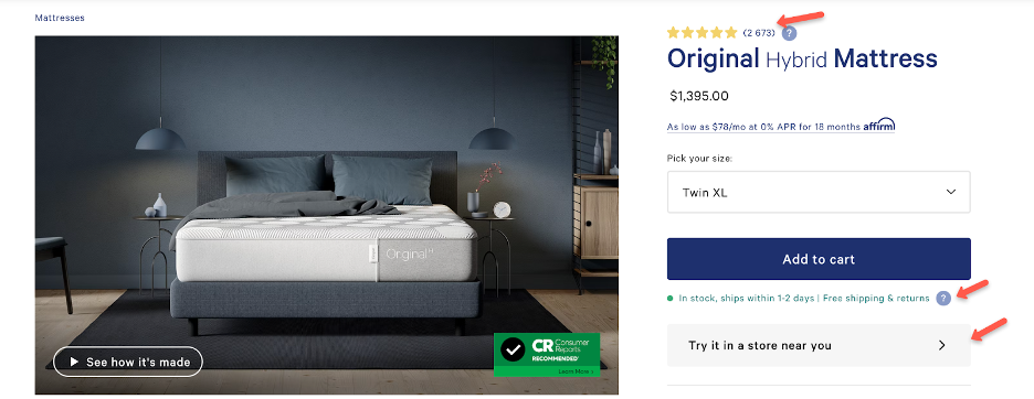 A Casper mattress product page