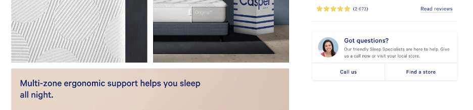 Social proof and great customer service on a Casper product page