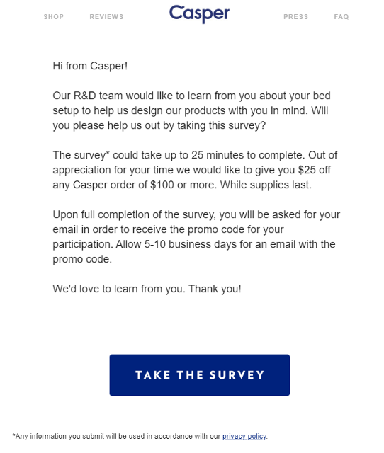 A Casper marketing email