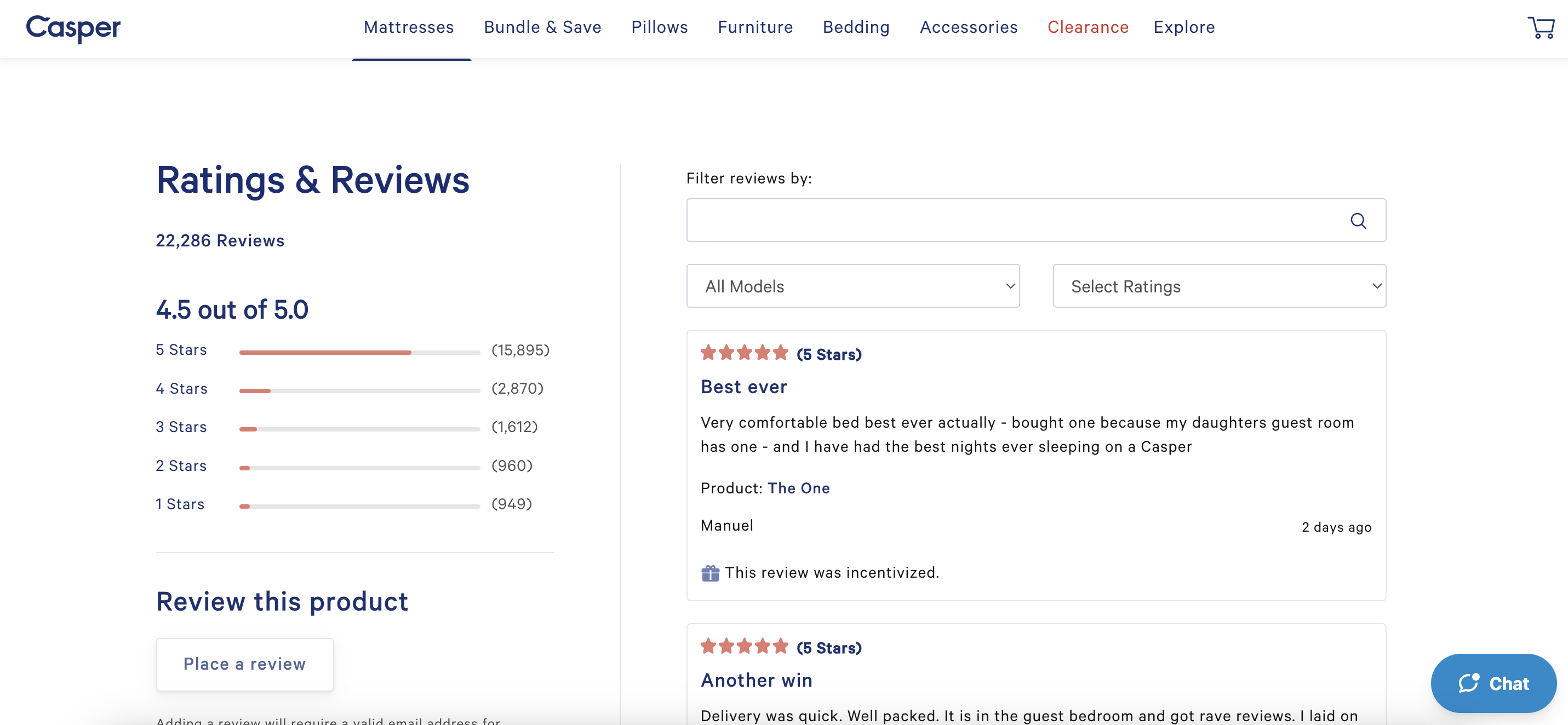 Casper product pages showing customer reviews