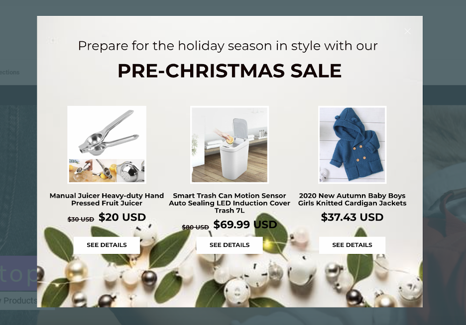 Virgostop’s product recommendation Christmas popup