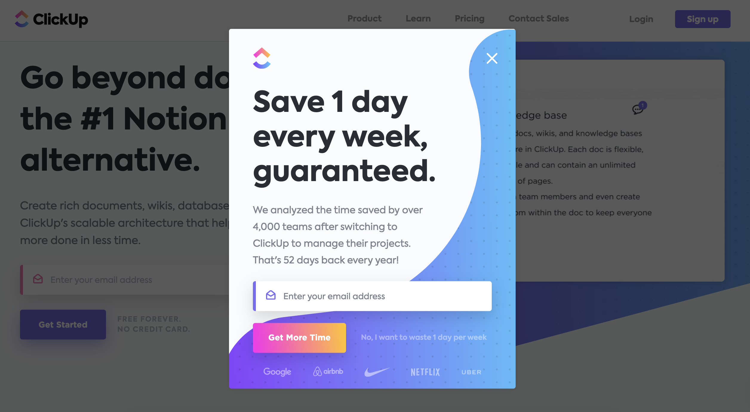 Clickup website pop-up example