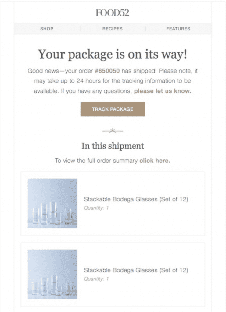 Shipping confirmation email example from Food52