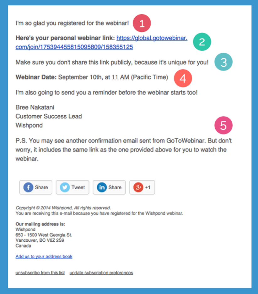 Event confirmation email example from Wishpond