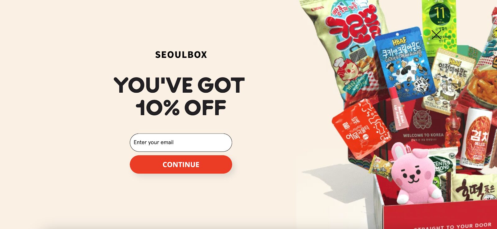Seoulbox's conversational pop-up starts by asking what is the website visitor shopping for.