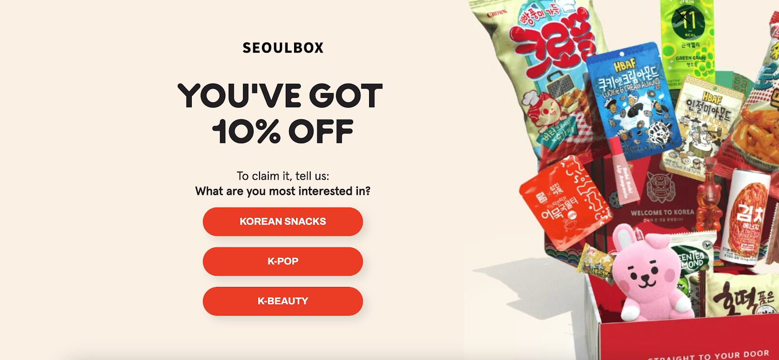 Seoulbox's conversational pop-up starts by asking what is the website visitor shopping for.