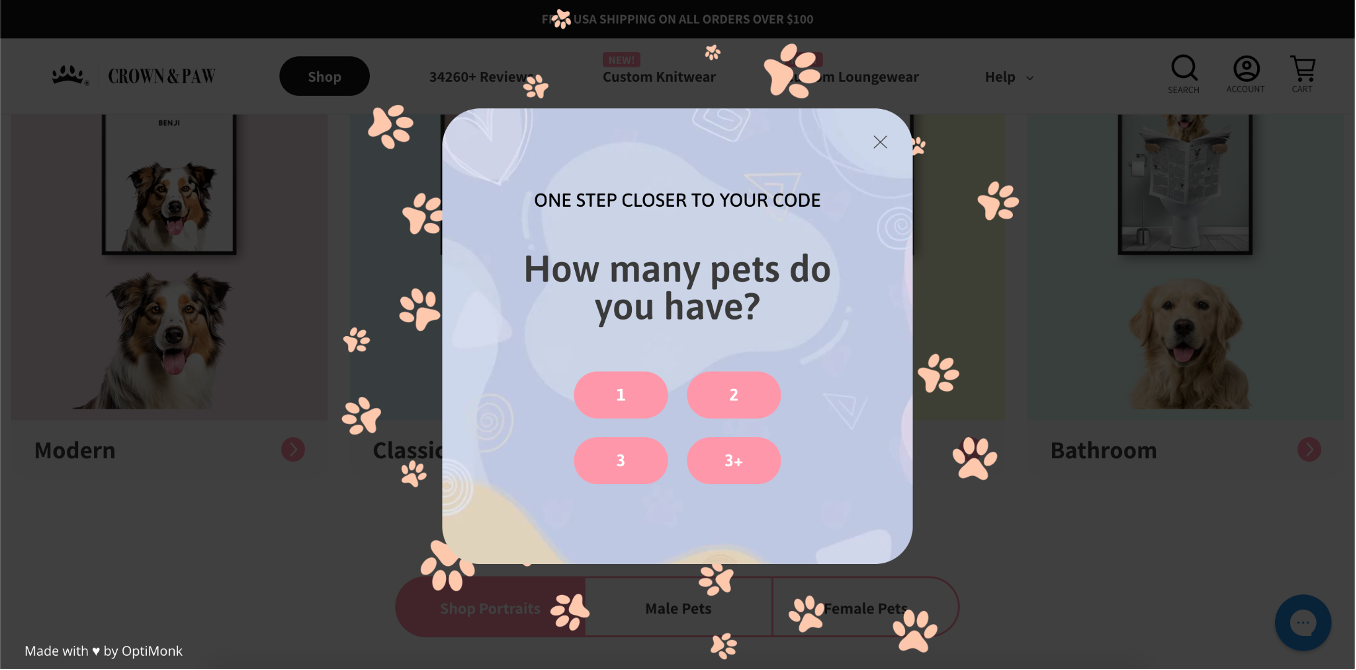 Crown & Paw conversational pop-up example