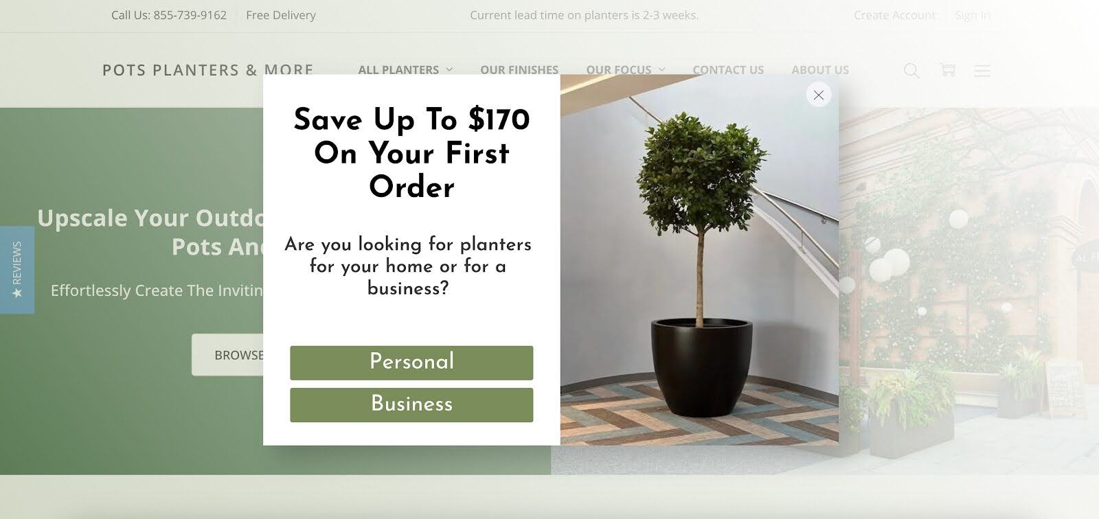 Pots, Planters & More's multi step pop-ups generate leads effectively.
