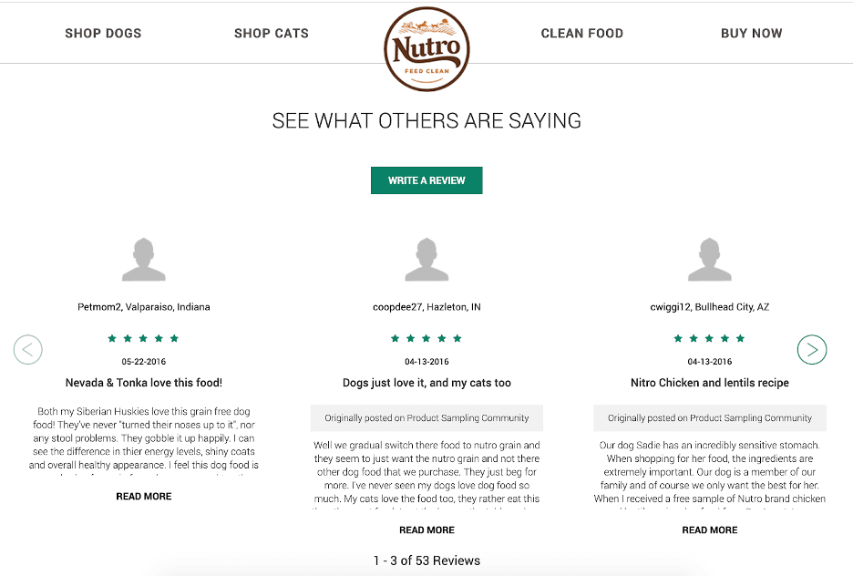 Nutro testimonials on a landing page