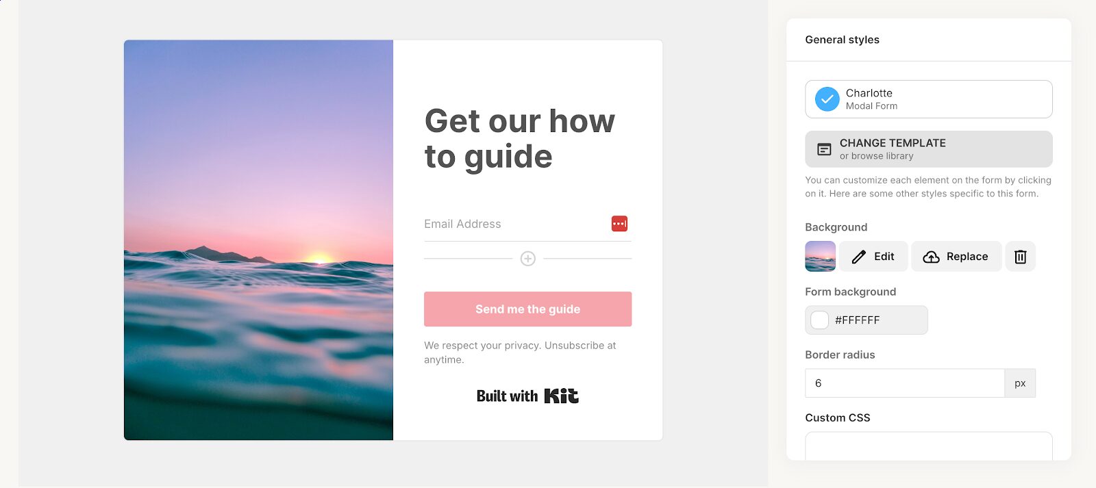 Start building your converkit popup, design background or button text.