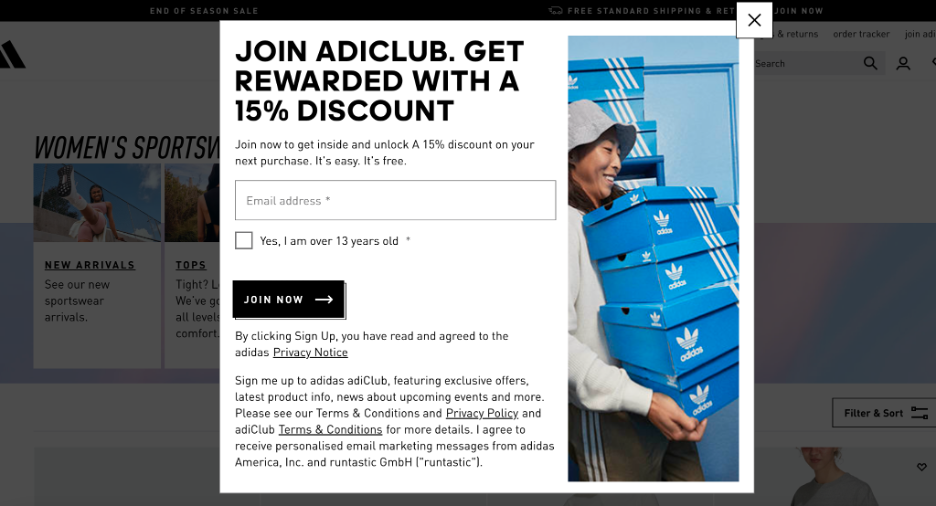 A loyalty club popup from Adidas