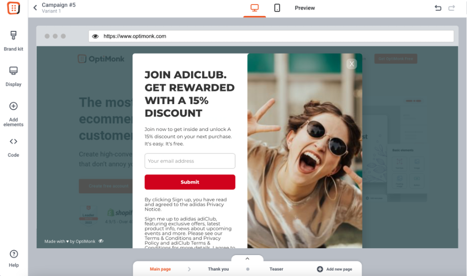 How to Copy the Popups of Top Ecommerce Brands Using OptiMonk copy adidas popup 02 - How to Copy the Popups of Top Ecommerce Brands Using OptiMonk