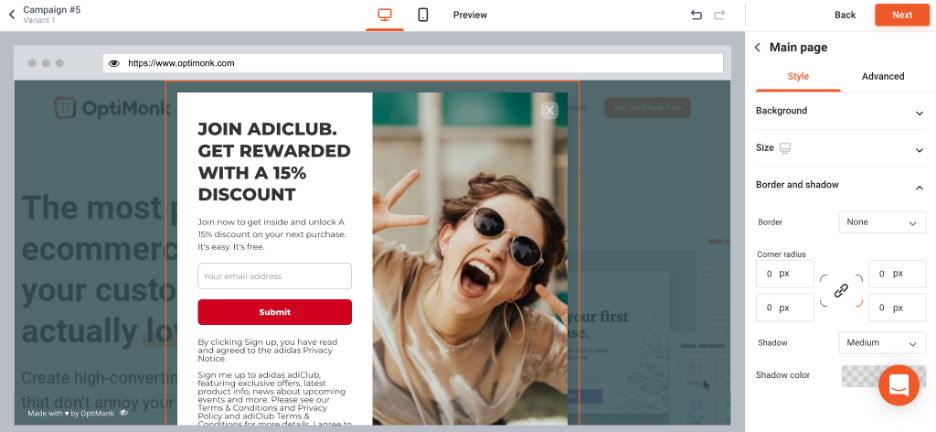 How to Copy the Popups of Top Ecommerce Brands Using OptiMonk copy adidas popup 03 - How to Copy the Popups of Top Ecommerce Brands Using OptiMonk