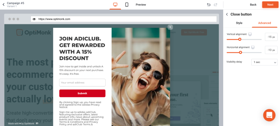 How to Copy the Popups of Top Ecommerce Brands Using OptiMonk copy adidas popup 04 - How to Copy the Popups of Top Ecommerce Brands Using OptiMonk