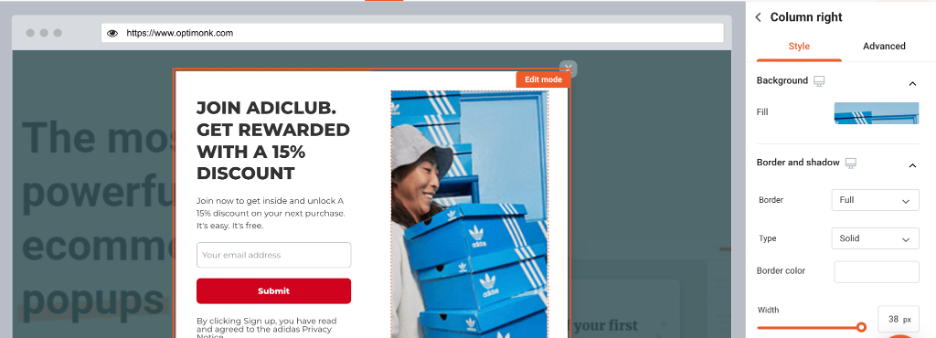 How to Copy the Popups of Top Ecommerce Brands Using OptiMonk copy adidas popup 05 - How to Copy the Popups of Top Ecommerce Brands Using OptiMonk