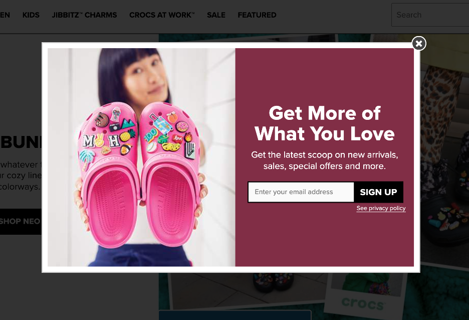 How to Copy the Popups of Top Ecommerce Brands Using OptiMonk copy crocs popup 01 - How to Copy the Popups of Top Ecommerce Brands Using OptiMonk