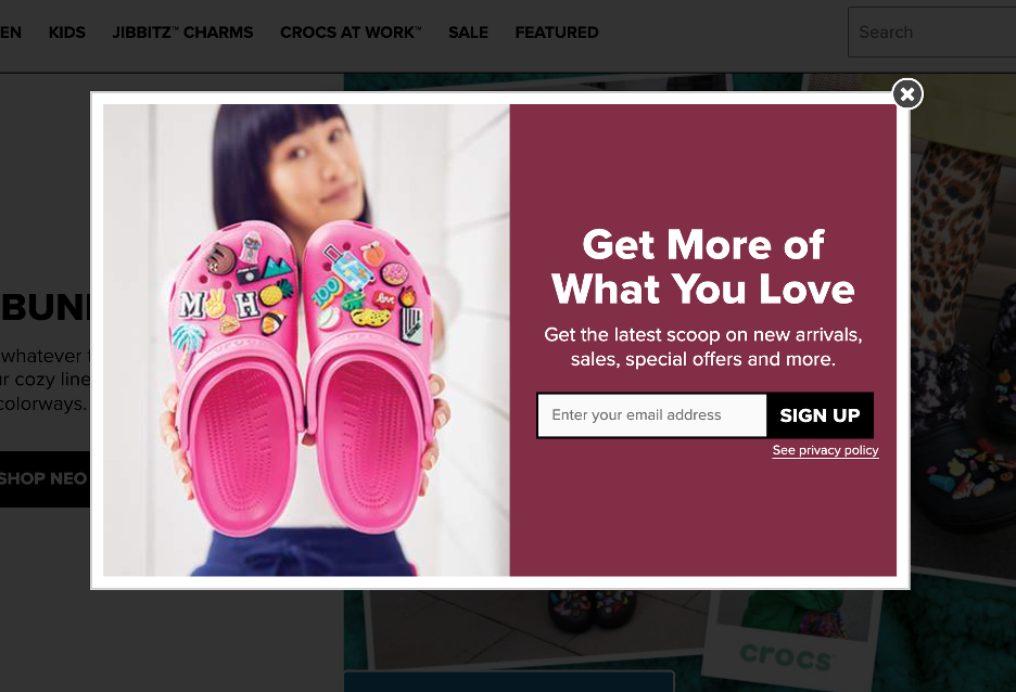 An email signup popup from Crocs