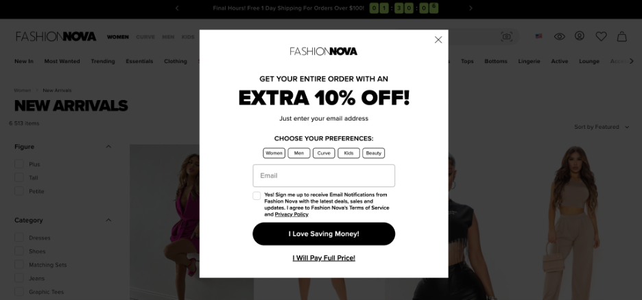 How to Copy the Popups of Top Ecommerce Brands Using OptiMonk copy fashion nova popup 01 - How to Copy the Popups of Top Ecommerce Brands Using OptiMonk