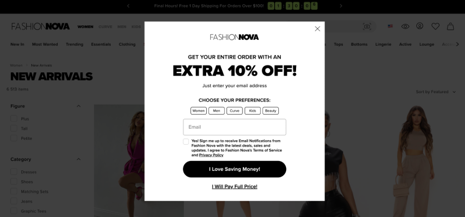 Fashion Nova’s discount popup