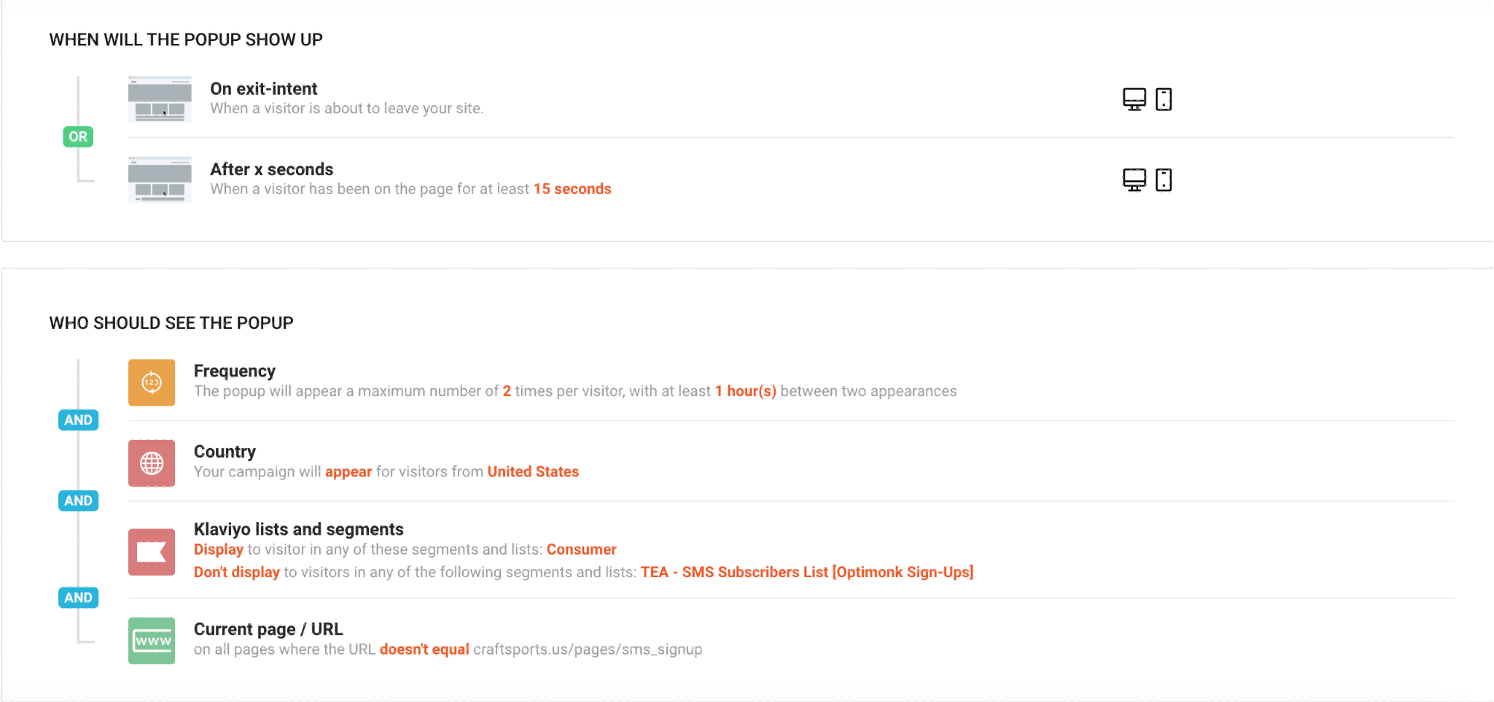 Craft popup settings