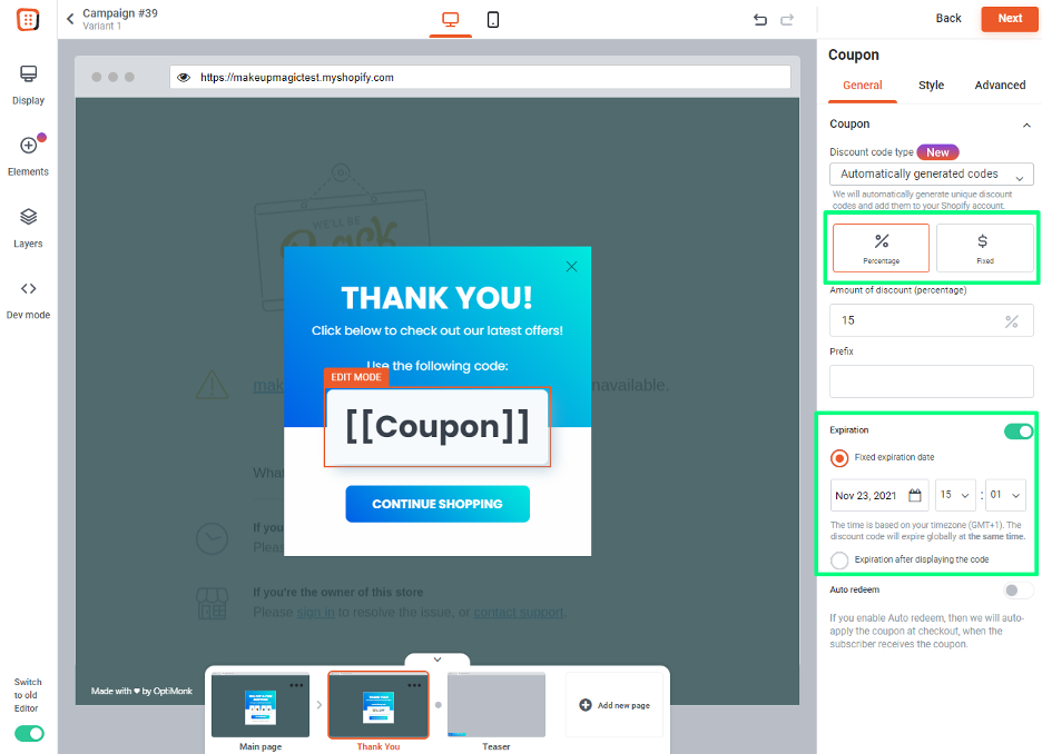 Use OptiMonk's dynamic coupon code feature to track the success of your discount code popup campaigns