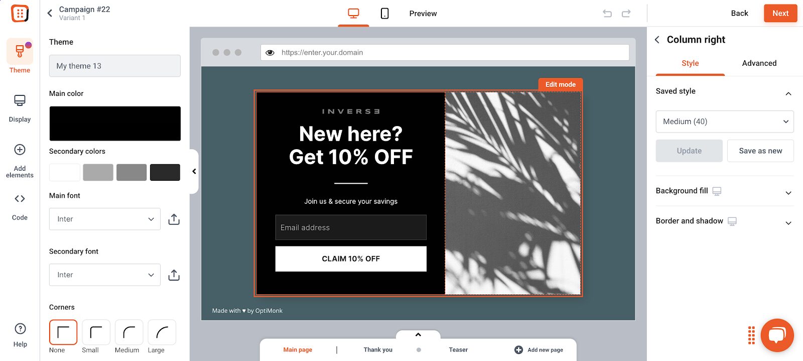 Create your discount popup in OptiMonks drag and drop editor
