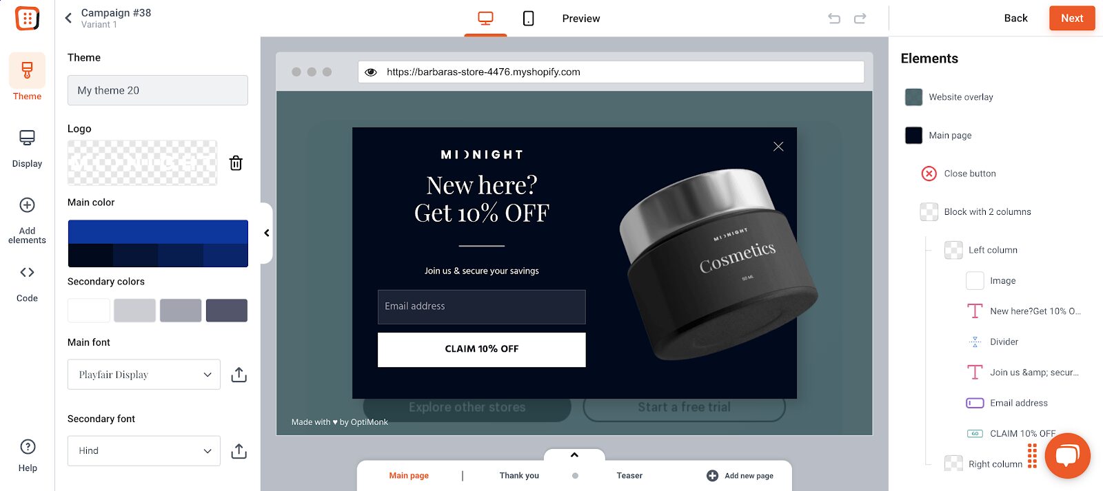 Create a popup window in OptiMonk's drag and drop editor.