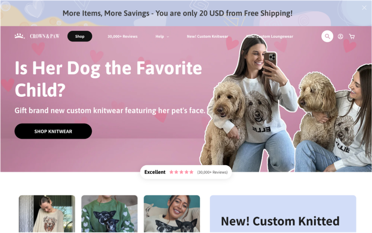 Crown and Paw increased ecommerce sales by displaying their free shipping threshold.