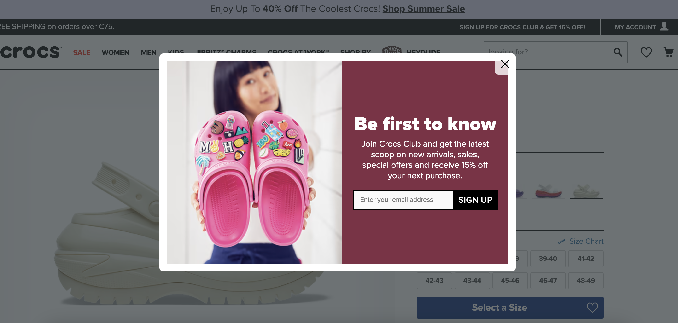 Crocs website pop-up example