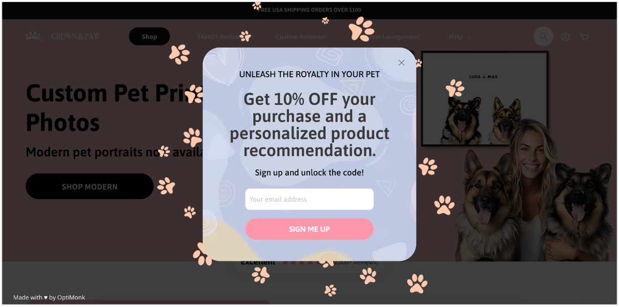 Crown & Paw marketing experiments for an email popup